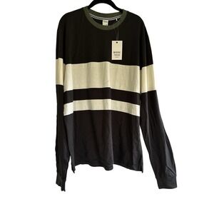 NEW Reverse‎ Threads Mens 2XL Pullover Black White Stripe Green Crewneck Tshirt